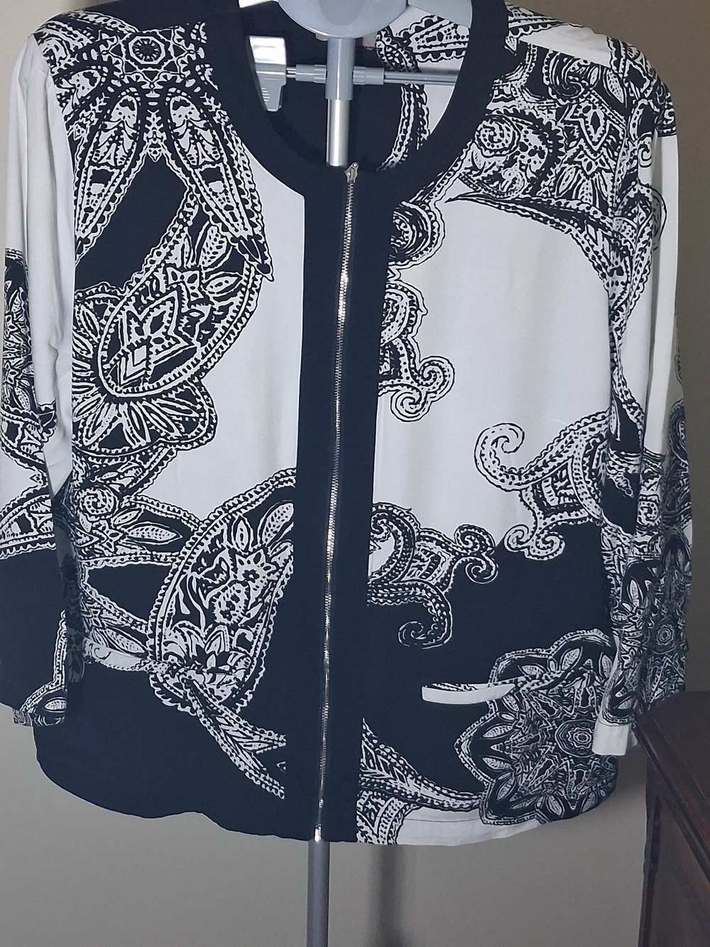Chico's Black and White Zip-Front Paisley Bomber Jacket